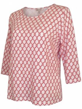 APPLESEED Chain-Link Geo Print Cotton Tee in Coral and White Size Petite Large